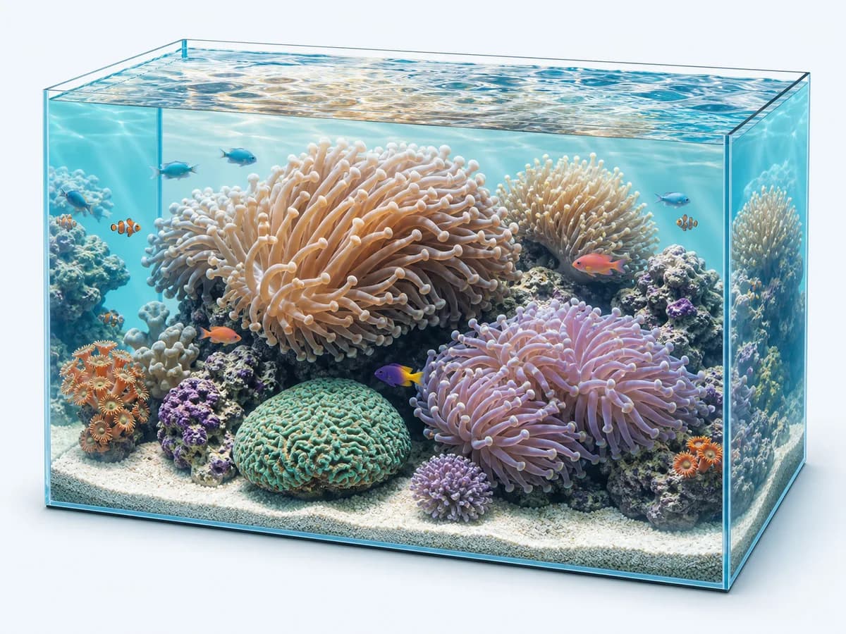 LPS reef illustration with large fleshy corals and flowing tentacles