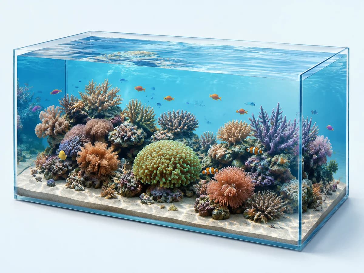 Mixed reef illustration with a variety of fish and coral shapes